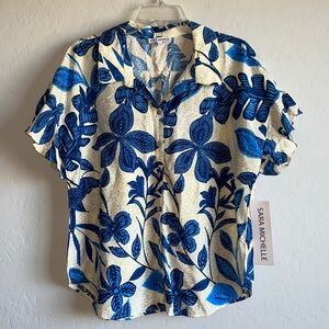 Sara Michelle Women’s Button-Yp Tropical Blue Leafy Print Relaxed Blouse Size XL